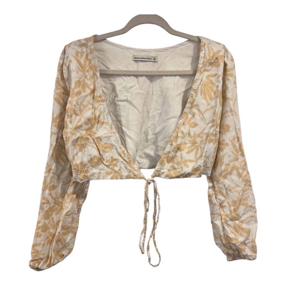 Abercrombie & Fitch Womens M Yellow Palm Print Linen Blend Tie Front Crop Top